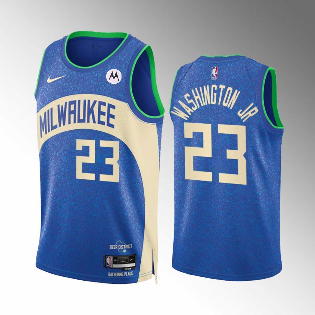 Men's Milwaukee Bucks #23 TyTy Washington Jr. Blue 2023-24 City Edition Stitched Basketball Jersey Dzhi,We sell and wholesale Men's Milwaukee Bucks #23 TyTy Washington Jr. Blue 2023-24 City Edition Stitched Basketball Jersey Dzhi on line form chian!
